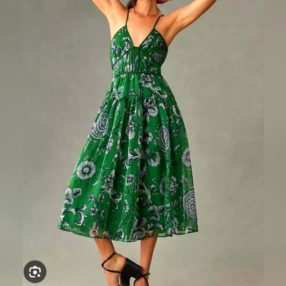 Anthropologie Green V Neck Midi Dress XL